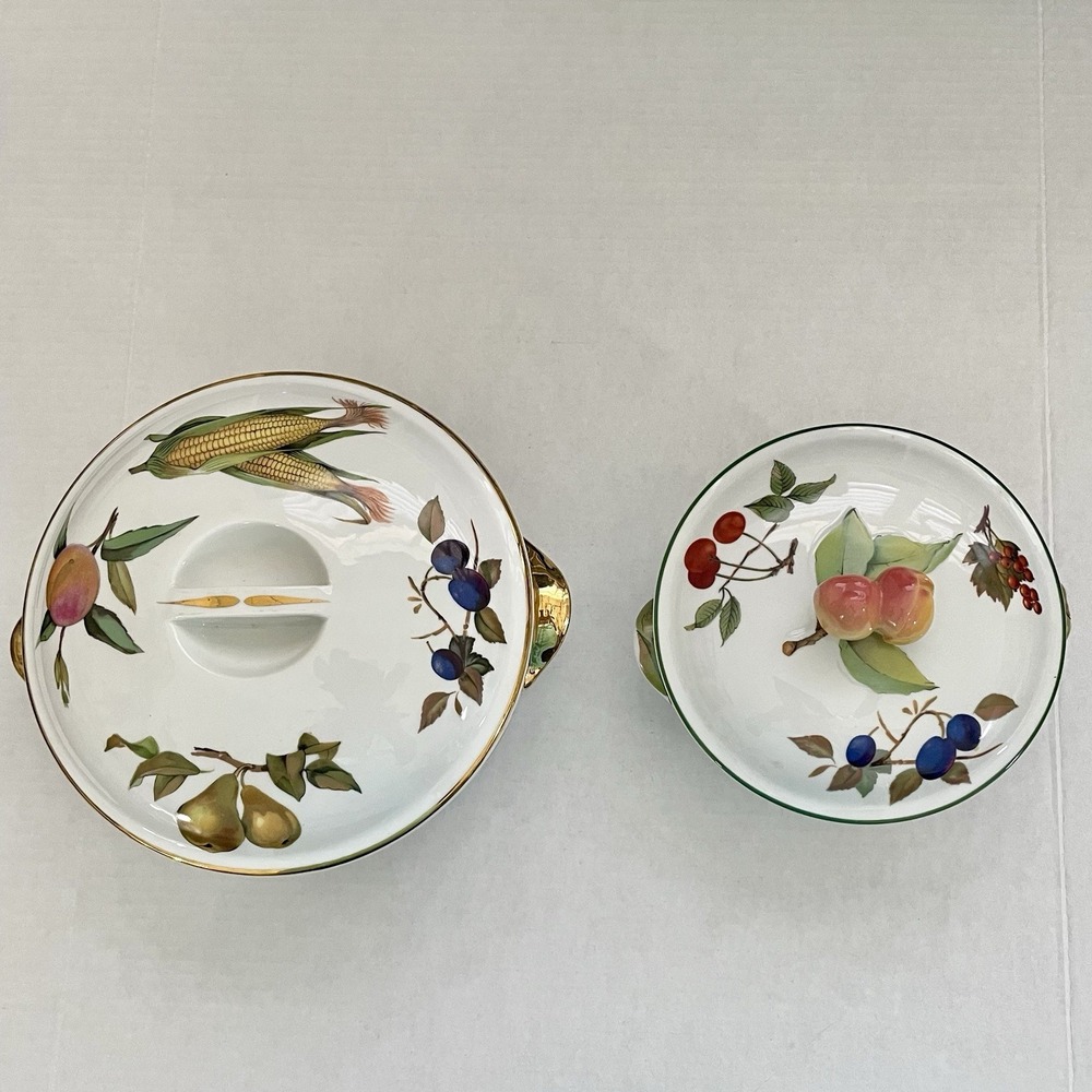 ROYAL WORCESTER EVESHAM LARGE/SMALL PEACH KNOB CASSEROLE‎ COVERED SET 2 FRUIT